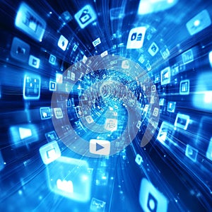 Digital data tunnel with streaming icons and technology elements