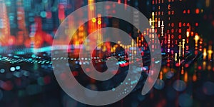 Digital data visualization with binary code, colorful lights, and dynamic patterns