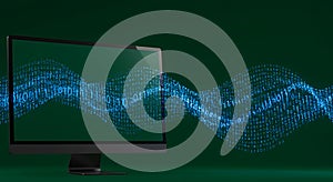 Digital Data Visualization on Computer Screen with Blue Binary Wave Pattern