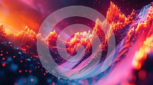 Digital data visualization creating abstract sound waves landscape