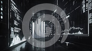 Digital data visualization displaying code and analytics in an abstract server room