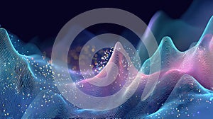 Digital data visualization displaying network waves and glowing particles