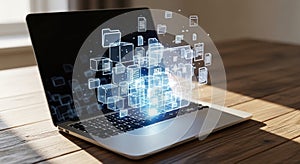 Digital Data Visualization Emerging from Laptop Screen