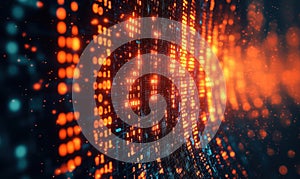 Digital data visualization with glowing binary code and abstract patterns