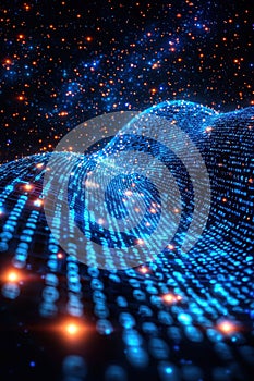 Digital data visualization with glowing blue binary code and starry background
