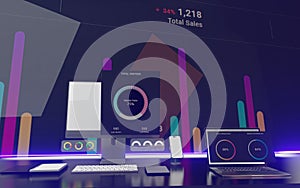 Digital Data Visualization: Illustration of Laptops, Mobile Phones, and Computers at Office Desks with Dashboard