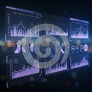 Digital data visualization screen displaying multiple charts and graphs. Features