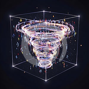 Digital Data Vortex in a Transparent Cube Abstract Technology Concept