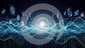 Digital data wave with binary code and icons
