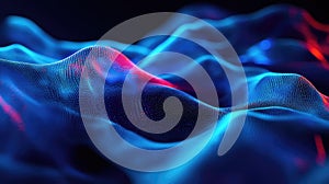 Digital data wave particles creating dynamic blue red network