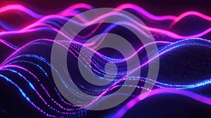 Digital data waves flowing with glowing particles background