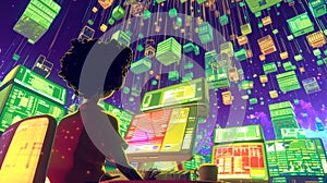 Digital data world with floating databases and AI interface