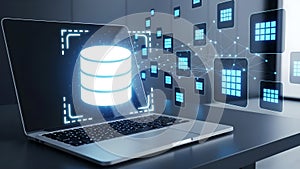 Digital Database Cloud Computing Network on Laptop Screen with Data Flow Background