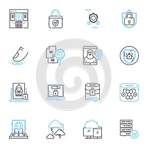 Digital defense linear icons set. Cybersecurity, Encryption, Firewall, Malware, Passwords, Phishing, Vulnerabilities