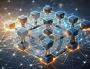 Digital depiction of interconnected nodes and links within a blockchain structure