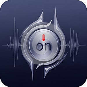 A digital design features a circular power button with the word 