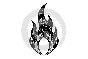 Futuristic Circuit Flame Symbol â Black and White Digital Fire Vector Design