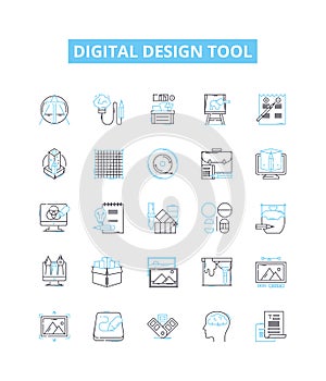 Digital design tool vector line icons set. Digital, Design, Tool, Graphic, Illustrator, Photoshop, CorelDRAW photo