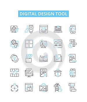 Digital design tool vector line icons set. Digital, Design, Tool, Graphic, Illustrator, Photoshop, CorelDRAW photo