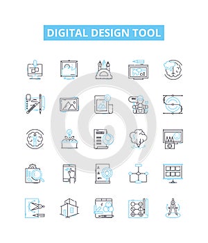 Digital design tool vector line icons set. Digital, Design, Tool, Graphic, Illustrator, Photoshop, CorelDRAW photo