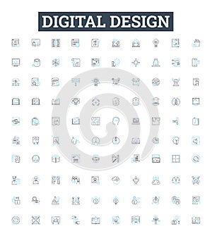 Digital design vector line icons set. Digital, Design, Web, Media, Interface, UX, UI illustration outline concept