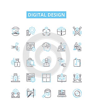 Digital design vector line icons set. Digital, Design, Web, Media, Interface, UX, UI illustration outline concept