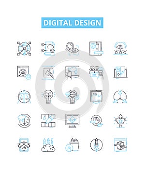 Digital design vector line icons set. Digital, Design, Web, Media, Interface, UX, UI illustration outline concept