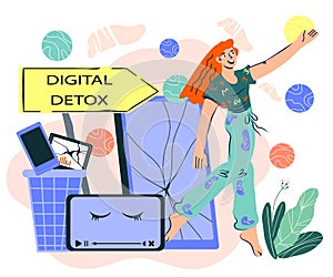 Digital detox and day of devices with woman and gadgets, vector illustration.