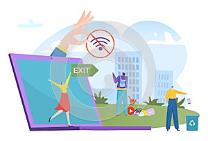 Digital detox, offline lifestyle concept, vector illustration. Flat tiny man woman character exit technology screen