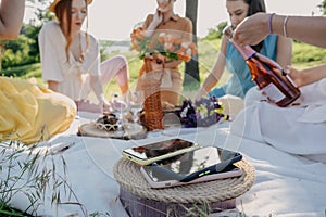 Digital Detox, time for disconnecting from electronic devices. Mobile phones on basket on picnic background. Group of