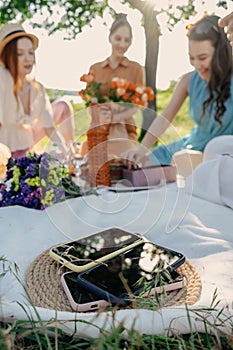 Digital Detox, time for disconnecting from electronic devices. Mobile phones on basket on picnic background. Group of