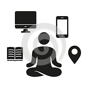 Digital Detox and Yoga Silhouette Icon. Social Media Detoxification Sign. Wellness, Relax, Healthy Lifestyle Glyph