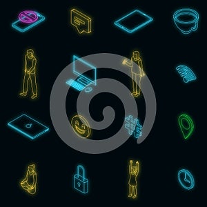 Digital detoxing icons set vector neon photo