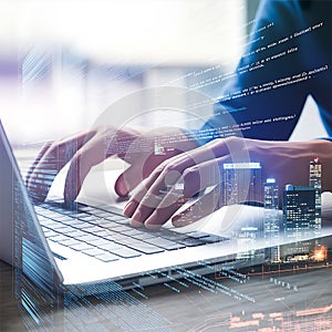 Digital Developer: Hands Typing on Laptop with Code and City Overlay