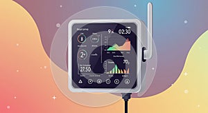 A digital device with a modern design features a screen displaying graphs, charts, and