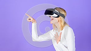 Digital device modern opportunity. Enthralling interaction virtual reality. Woman head mounted display violet background