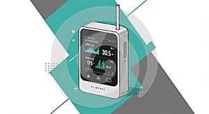 A digital device with a rectangular shape, featuring a screen displaying data graphs and