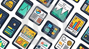 Digital device screens displaying data and analytics charts