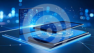 Digital Devices with Futuristic Interface Displaying Data Visualization and Technology