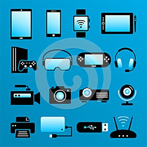 Digital devices icons. Colored flat icons of electorinc devices. Smartphone, tablet, smartwatch, video game console