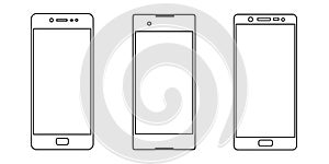Digital devices icons: line of smartphones with button isolated on white background. Vector design set element illustration