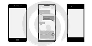 Digital devices icons: line of smartphones with button isolated on white background. Vector design set element illustration