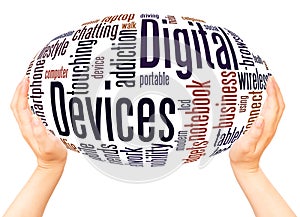 Digital Devices word cloud hand sphere concept