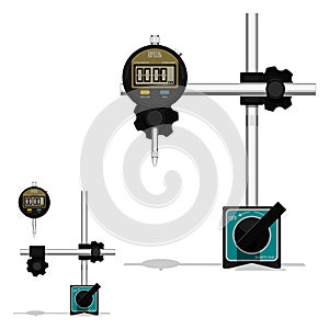 Digital dial gauge with magnetic base on transparent background