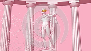 Digital disintegration of sculpture Apollo on pink background