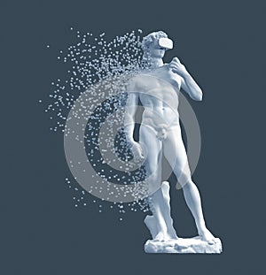 Digital Disintegration Of Sculpture David With VR Glasses On Blue Background