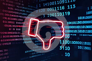 Digital Dislike Downvote Concept with Glowing Red Thumb Down Icon on Data Stream Background for Negative Feedback