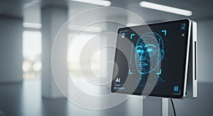 Digital display with artificial intelligence face scan. AI biometric recognition system for security and access control concept.