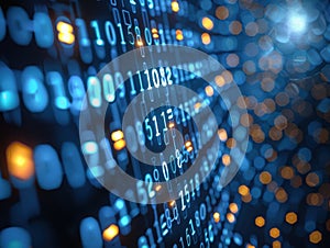 A digital display of binary code with glowing blue and orange lights