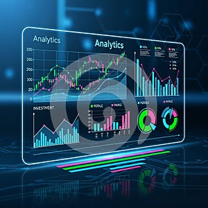 Digital display featuring data analytics visuals including various